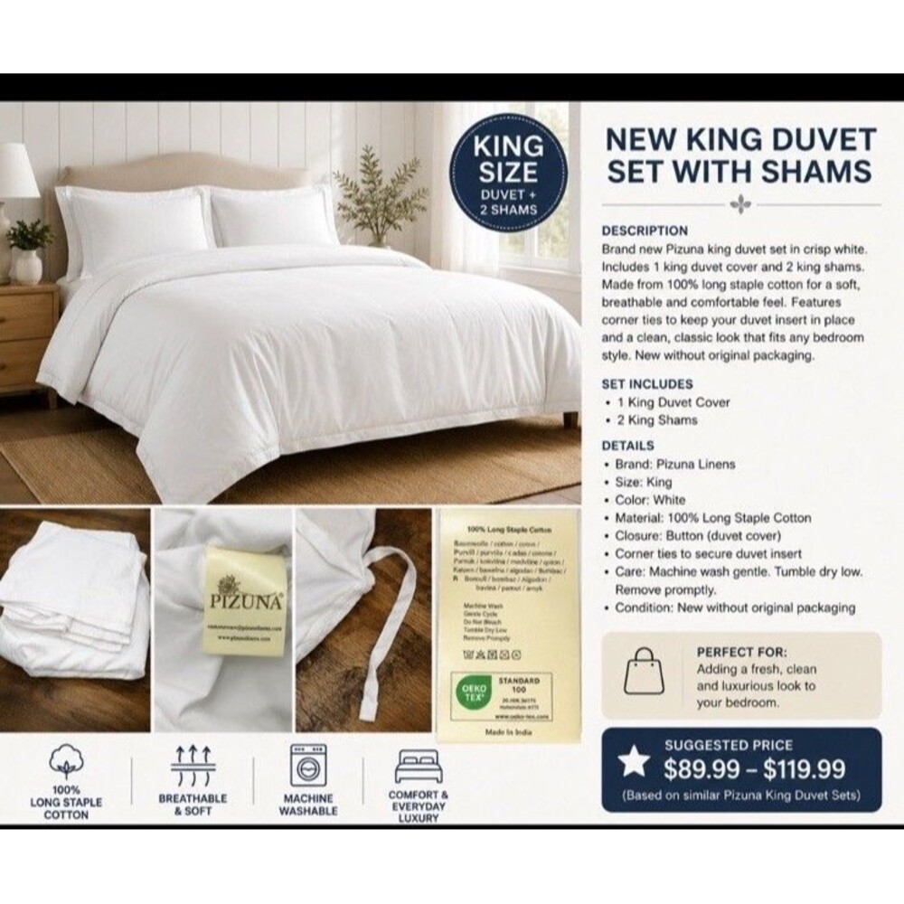 Pizuna King White Duvet Cover Set 100% Long Staple Cotton 2 King Shams New